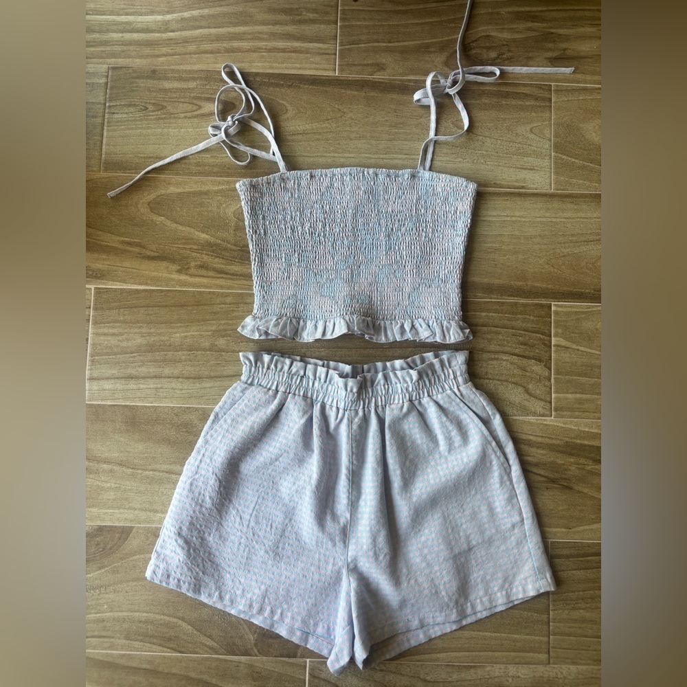 Blank NYC Light Blue and Pink Checkered Top & Short Set